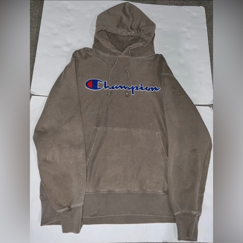 Champion Brown Hoodie Reverse Weave Sweater Distressed Faded Men's Large